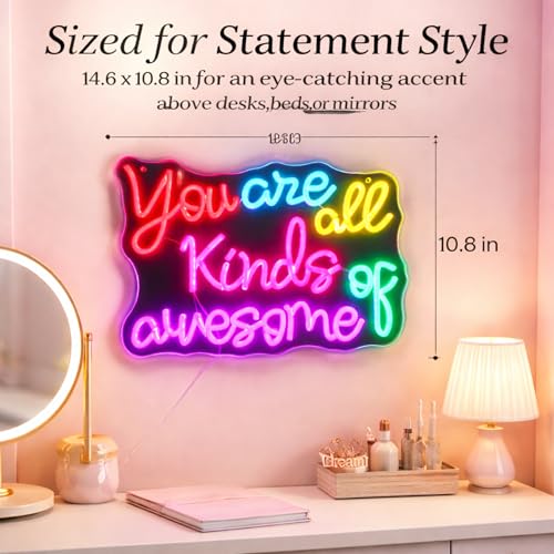 Image of inchYou Are All Kinds of Awesome inch Classroom LED Neon Sign | Classroom neon sign,14.6 inch x 10.8 inch, Wall Decor, Positive Affirmation Light, Girls' Bedroom & Dorm, Self-Care Aesthetic