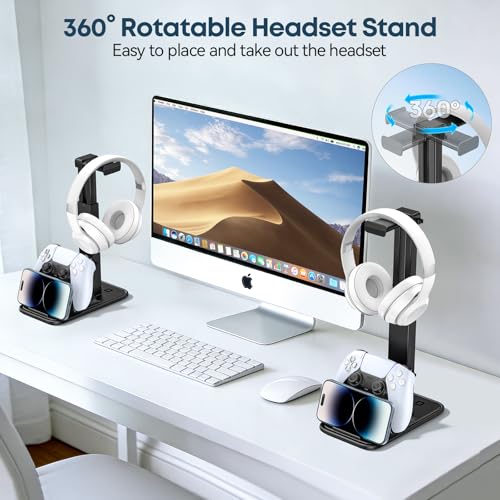 Gaming Headset & Controller Stand, Rotating Headphone Storage with Controller & Phone Holder, Game Desk Storage with Cable Organizer for PS5/PS4/XBOX PC Gamer Essentials Organizer Gift Accessories