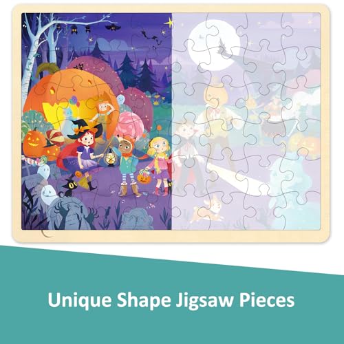 Halloween Puzzles 48 piezas para niños de 3 a 5 años por MoinKidz, rompecabezas de madera con escena de Halloween encantada miniatura 2