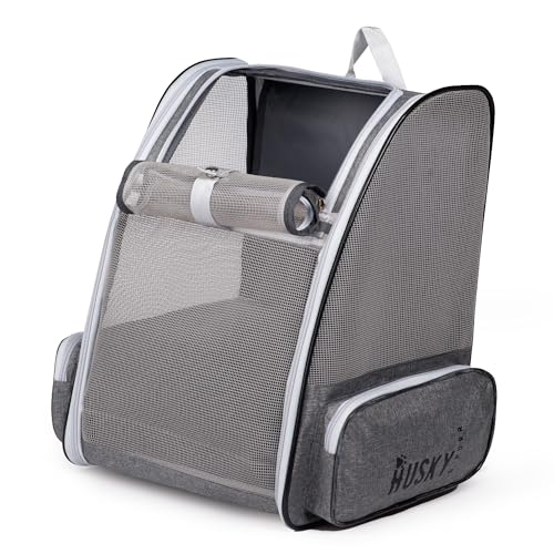 Image of Husky & Purr Cat Bag Carrier Backpack, Grey | Collapsible, Breathable Pet Carrier Backpack | Mesh Ventilation Cat Carrier Bag for Travel, Up to 8kgs