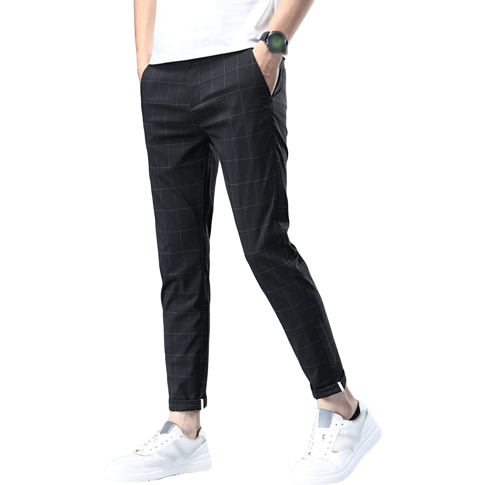 Maiyifu-GJ Mens Slim Fit Plaid Dress Pant Summer Casual Tapered Suit Pant Lightweight Striped Business Trousers