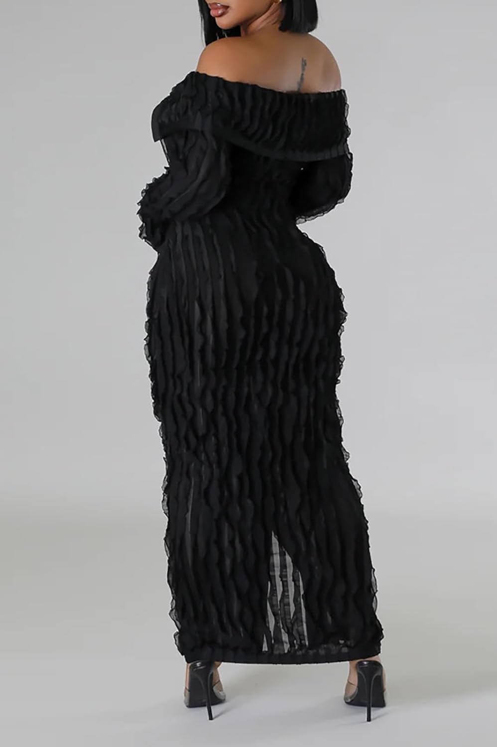 Yuopeid Women's Elegant Long Sleeve Off Shoulder Mesh Wavy Ruffle Front Slit Bodycon Maxi Beach Party Cover Up Dress - Image 2