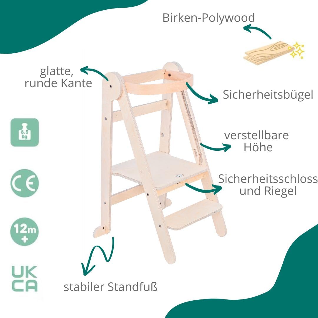 Mamatoyz 08FNAT Faltholz-Montessori-Lernturm, Faltbarer Mehrzweck-Lernturm aus natürlichem Birkenholz mit 2 einstellbaren Höhen
