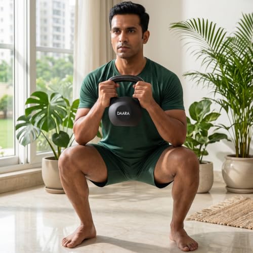Image of DAARA Half Coating Neoprene Kettlebell, 12kg (26.45 lb) Black Cast Iron Kettle Bell with Non-Slip Grip Handle for Strength Training, Home Gym Workout Equipment for Men & Women (Proudly Made in India)