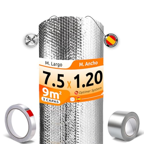 AISLANTE TERMICO MULTIUSOS PREMIUM | Reduce el Frio y el Calor |100% ALUMINIO|Aislante Termico para Ventana, Pared, Suelo, Techo, Coche, Garaje[ 1.20 X 7.5m ] (9m²) + 2 cintas adhesivas