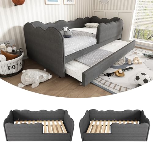 VS VanShine Cama tapizada, cama de 90 x 190 cm, cama juvenil, cama alta, cuna, cama de suelo, con cama nido, con somier, lino, sin colchón, 197 × 99 × 70 cm (gris)