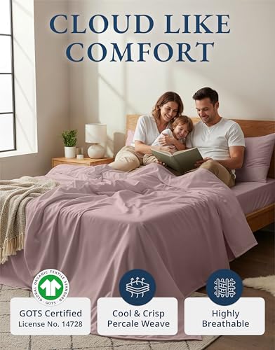 Image of LANE LINEN Queen Size Sheets Set, 100% Organic Cotton Sheet Set, 4 Pc Queen Sheets, Percale Weave, Breathable Hotel Quality Queen Size Deep Pocket Cooling Sheet, Oeko-Tex Sheets - Lilac