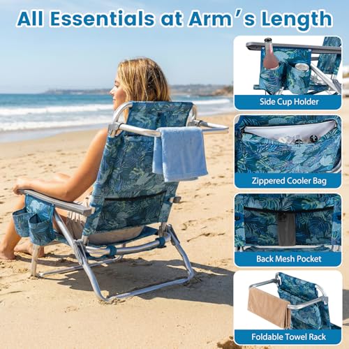 Image of Giantex Folding Beach Chair, Patio Sling Chairs with 5 Adjustable Position, Head Pillow, Storage Bag, Towel Bar, Cup Holders, Backpack Chairs for Sunbathing, Camping Chair