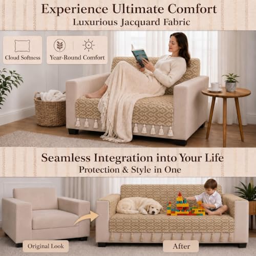 Image of STITCHNEST 'Nomad Weave Collection' 1 Seater Sofa Cover|Elegant Jacquard Fabric, Decorative Tassels, Washable & Durable for Modern Living25