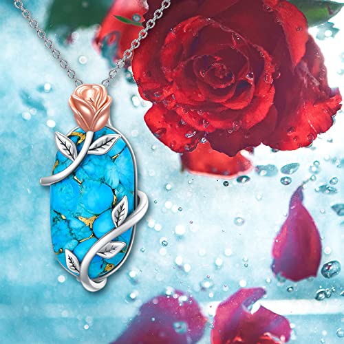 Iiw 925 Sterling Silver Rose Flower Pendant Necklace With Turquoise Birthday Anniversary Jewelry Gifts For Women Girls Her Wife #TOP2