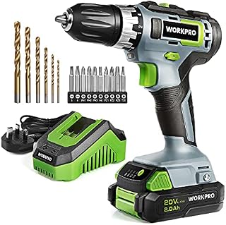 WORKPRO Cordless Drill Driver, 20V Electric Drill with 2000mAh Battery, 1H Quick Charger, 25Nm Max, 18+1 Torque, 3/8" Chuck, 2 Speed, LED Light, 16 pcs Drill and Screwdriver Bit