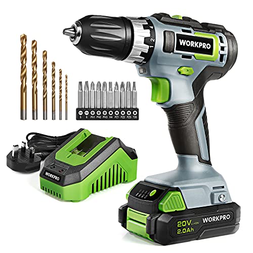 WORKPRO 20V Electric Drill Driver with 2000 mAh Battery, 1H Quick Charger, 25 Nm Max, 18+1 Torque, 3/8" Chuck, 2 Speed, LED Light, 16 pcs Drill and Screwdriver Bit