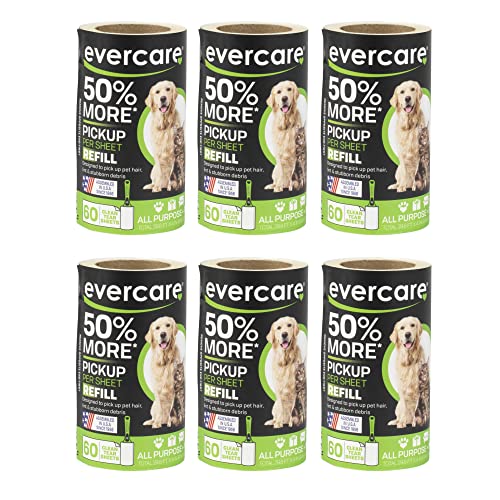 Evercare Pet Lint Roller Refill Manual Operation 60 Sheets per Roll 6 Count Refill Pack for Pet Hair Removal Green