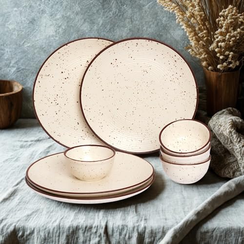 Image of Freakway Handcrafted White Ceramic Stoneware Dinner Set of 8 Pieces with Serving Bowls | 4 Dinner Plates & 4 Bowl /katori | Bone Ash Free | Microwave and Dishwasher Safe - Off White