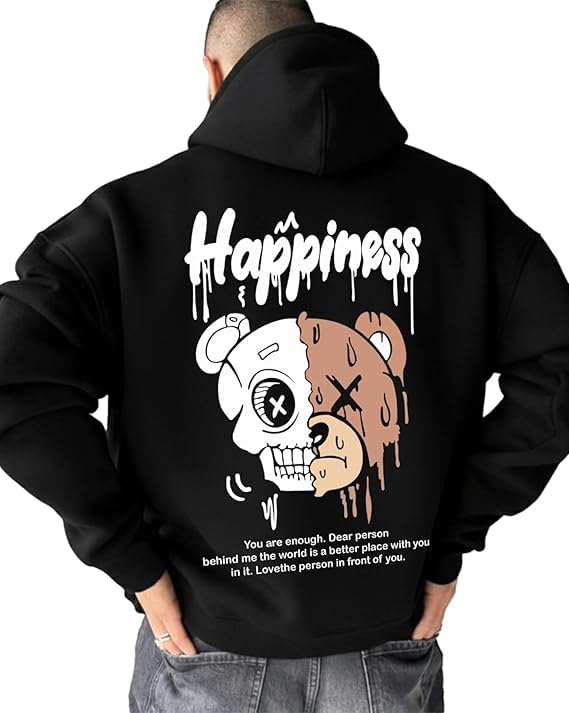 Happiness Graphic Print Hoodie, Black Oversized Streetwear | Bear Skull Design, Inspirational Quote, Back Print, Unisex Style, Casual Wear-picture-13
