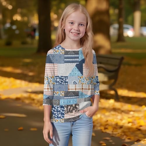 Fall Girls Shirts Trendy 3/4 Sleeve Cute Tops Y2K Floral Print Crew Neck 3/4 Length Sleeve Funny Blouses Outfits 20252