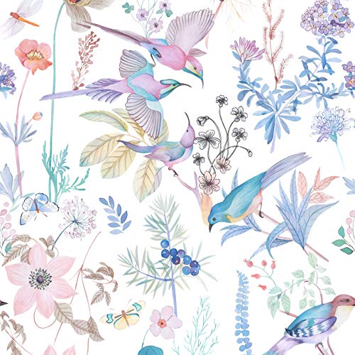 Image of Wake In Cloud - Bird Comforter Set, Colorful Floral Flowers Leaves Botanical Plant Pattern Printed, Soft Lightweight Bedding, 3 Pieces, Lilac Blue, Queen Size