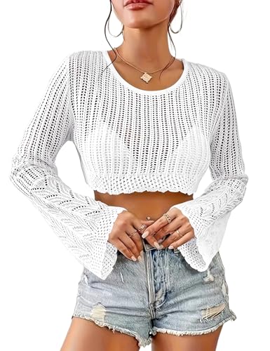 Image of Women Crochet Sweater Lightweight Cropped Summer Tops Long Sleeve Hollow Out Knit Cover Up