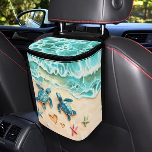 Image of KEIAHUAN Beach Theme Sea Turtle Hanging Car Trach Can for Back Seat Automotive Garbage Container Bin Large Capacity Portable Grocery Organizer Bag with Lid for Snacks, Drinks, and widget