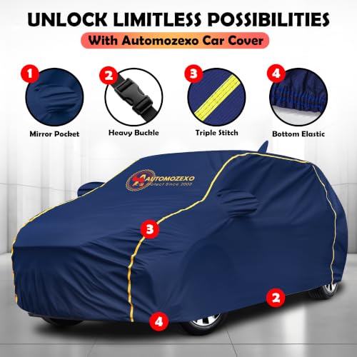 Image of XUV 3XO 100% Waterproof Car Cover for All Weather Protection with Mirror & Antena Pocket Inner Cotton Triple Stitched Cover with Adjustable Belt Bottom Elastic to Secure Fit -Blue