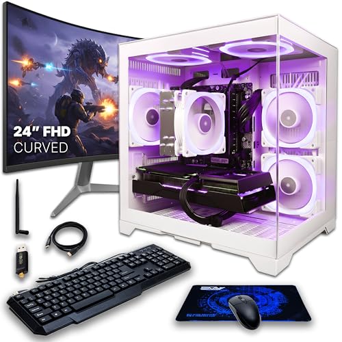 Image of SAAV CORE Prebuilt Gaming PC Bundle Desktop Tower AMD Ryzen 7 5800X GeForce RTX 5060 8GB GDDR7 Curved 24in Monitor 16GB DDR4 512GB NVMe SSD WiFi 6 Windows 11 Black RGB Computer PC Gaming