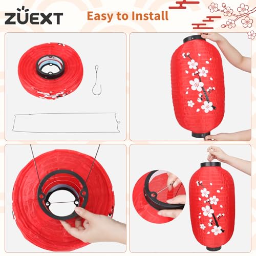 Image of Traditional Japanese Style Red Silk Cherry Blossom Lantern 10 Inch, ZUEXT Set of 6 Waterproof Indoor Outdoor Festival Theme Birthday Party Home Yard Lanterns Japanese Eateries Decor