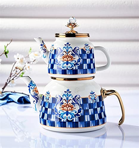 Teapot Turkish Ottoman Enamel Teapot Tea Kettle Tea Maker Vintage Double Container Durable Enamel Teapot