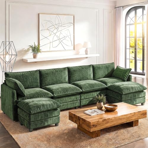 Image of LEVELEVE 146 inch U-Shape Modular Sofa with 2 Ottomans, Deep Seat Cloud Convertible Sleeper, 2 Arm Pillows, Comfortable Large Upholstered Furniture for Living Room Apartment, Green
