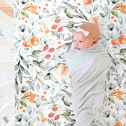Image of GRSSDER Soft Muslin Crib Sheet 1 Pack, 100% Cotton Crib Sheets for Boys and Girls, Fit Standard Crib Mattresses 52 inch x 28 inch Safe and Snug, Stylish Cute Fruit Print