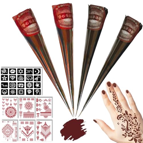 Henna Tattoo Set - 2x Braun Und 2x Rot Henna Paste Mit 20 Schablonen Und 6 Aufkleber, Henna Braun Sommersprossen, Henna Farbe, Henna Rotbraun, Sommersprossen Henna, Henna Freckles