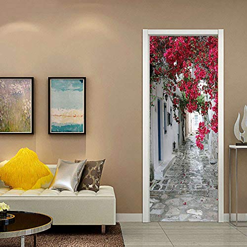 ZDDBD Sticker De Porte Trompe l'oeil Effet 3D Intérieure Muraux PVC Stickers Salle De Bain Cuisine Décoration Mur De Fleurs Rouges 90 * 200Cm