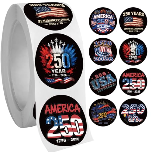 500 Pcs USA 250th Anniversary Independence Day Sticker Roll for 2026 4th of July Party Decorative Stickers 1 Inch 8 Styles 250th Patriotic Design Self-Adhesive American Flag for Party Gift Decor