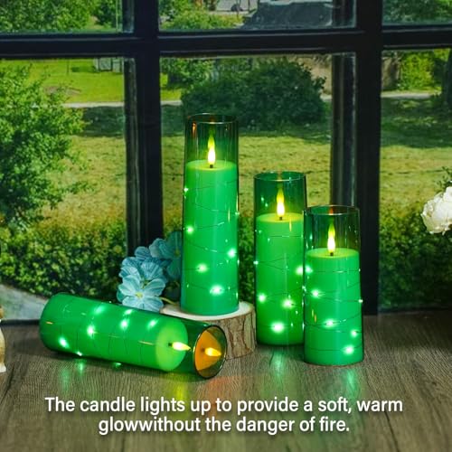 Image of Flameless Candles,with Embedded Star String, Battery Operated Candles Flickering LED Pillar Candles with Remote Control and Timer, Home Decoration Add a Warm and Romantic Atmosphere,Set of 7 (Green)