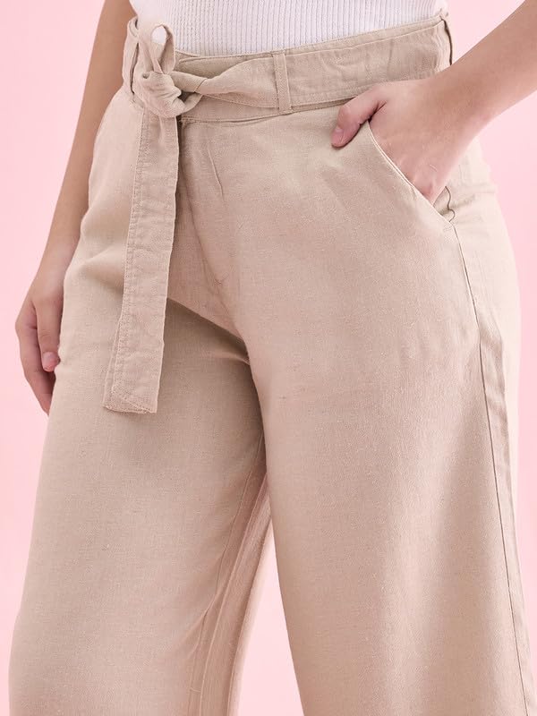 Image of GO COLORS Solid Linen Culottes for Women | High Rise, Side Pockets, Front tie-up
