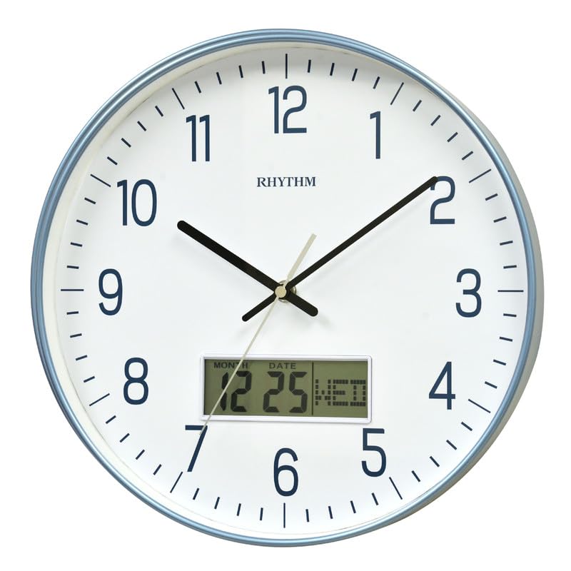 RHYTHM Classic Round Metallic Blue Color Plastic Case Digital Analog Wall Clock for Living Room Home Decor Office Gifts with LCD Day Date (Calendar) Display (Size: 30.5 x 4.5 x 30.5 CM)