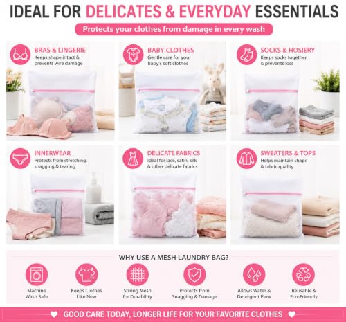 Image of Zollyss Mesh Laundry Bag for Washing Machine, Pack of 3 Wash Bags with Zipper, Reusable Laundry Net Bag for Delicates, Bra, Lingerie, Socks & Baby Clothes, White