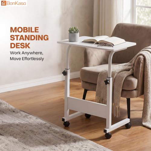 Image of BonKaso Height Adjustable Laptop Table with Wheels, Portable Rolling Computer Desk, Wooden Top, Lockable Casters, Mild Steel Frame, Multipurpose Bed Sofa Study Work Table for Home Office - White