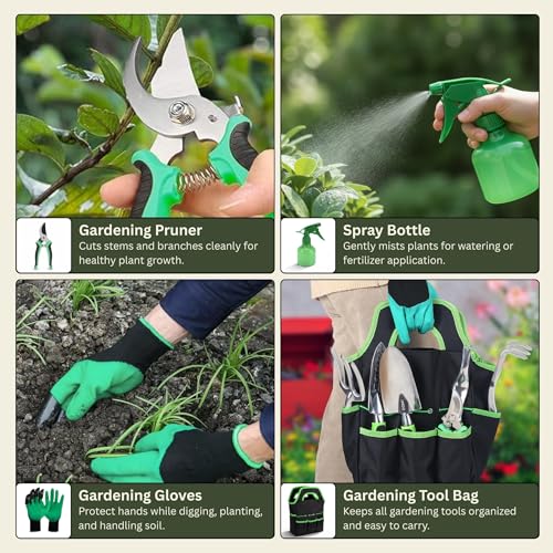 Image of Kraft Seeds Premium Gardening Tools Kit for Home Garden - Hand Trowel, Transplanting Trowel, Hand Cultivator Fork, Weeder, Rake, Pruning Shear, Spray Bottle, Carry Bag, Claw Gloves