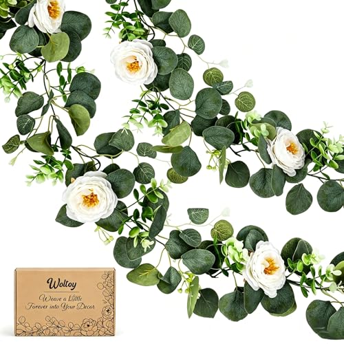 Woltoy 2 Stück Eukalyptus blumengirlande deko, Künstliche Blumengirlande mit künstlichen Rosen, Kunstblumen Hängepflanze Eukalyptus Girlande für Haus, Garten, Party, Hochzeit und Büro Dekorati