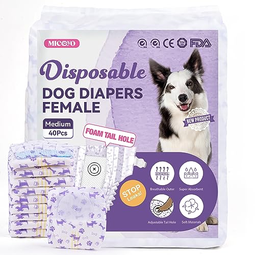 MICOOYO Dog Nappies Female 40 count, Disposable Dog Period Pants with Adjustable Tail Hole