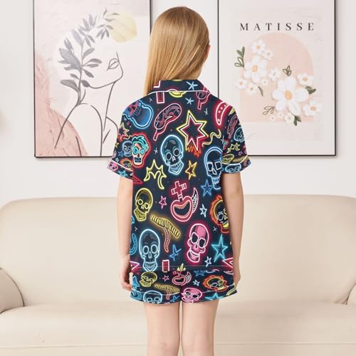 senya Pajama Sets Silky Button Down Nightwear Sleepwear Size 5-14 Years Colorful Skull4