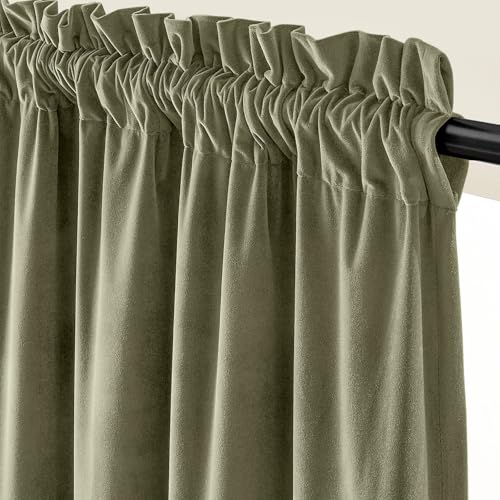 Image of Blackout Olive Sage Velvet Curtains Rod Pocket 52x72 Inch 2 Panels | Soft Velvet, Light Filtering, For Small Windows, Kitchens & Bathrooms, Light Shifting Texture, Elegant Drape, Serene