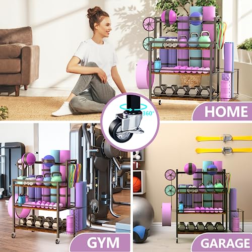 EasyCom Home Gym Storage Rack for Dumbbells, Kettlebells, Foam Roller, Weights - Yoga Mat Storage Rack - Yoga Mat Storage Cart with Wheels, Shelves, Hooks - Home Gym Storage Unit Equipment Organizer