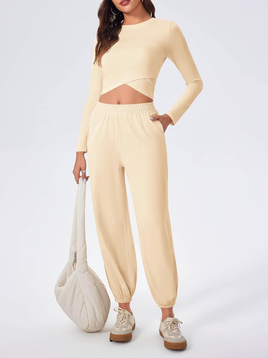 Fisoew Women's 2 Piece Lounge Sets Casual Long Sleeve Crossover Crop Tops Jogger Pants Tracksuits Outfits - Image 2