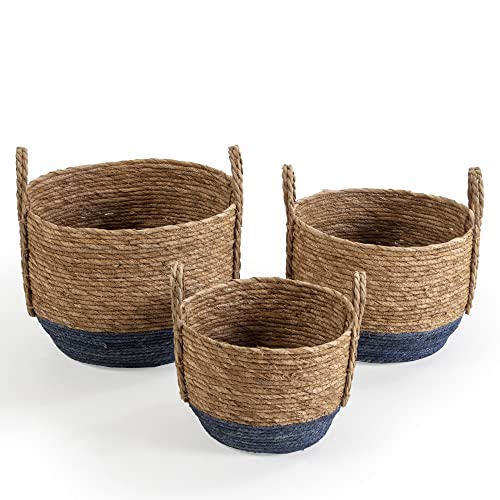 HOMN LIVING Set de 3 cestas Iria de Fibra Natural con Asas, Color Azul/Natural