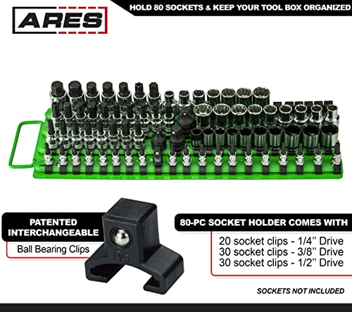 Ares 60040 - Green 80-Piece Socket Organizer - 1/4-Inch, 3/8-Inch, And 1/2-Inch Drive Socket Rails Hold 80 Sockets And Keep Your Tool Box Organized #TOP1