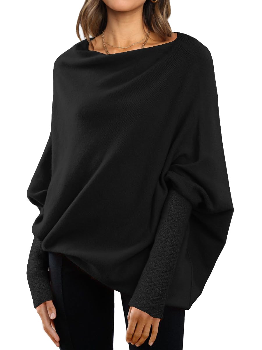 LILLUSORY Womens Batwing Oversized Sweaters Assymetrical Off The Shoulder Boat Neck Wrap Tunic Tops Fall