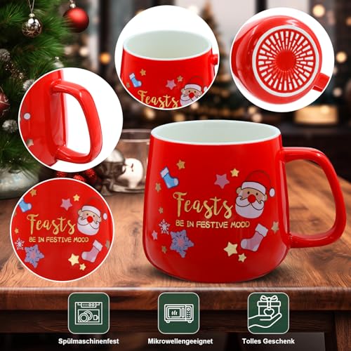 LIHAO Weihnachtstasse Rot Kaffeebecher Weihnachten Tasse Winter Kaffeepott Henkeltassen Weihnachtsmann Schneeflocken Becher Weihnachten Geschenkset Geschenke (Keramik) – Bild 3