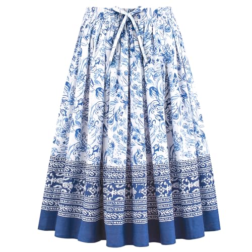 Collections Etc Flattering Cotton Border Print Drawstring Waist Skirt Blue