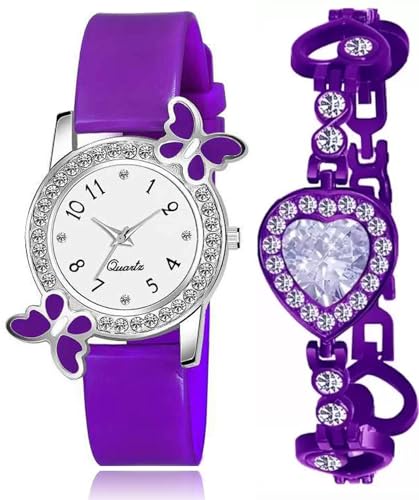 Acnos Lot de 2 montres analogiques avec bracelet en forme de cœur pour filles - Cadran blanc - 6 couleurs - Combinaison papillon, Violet, Bracelet